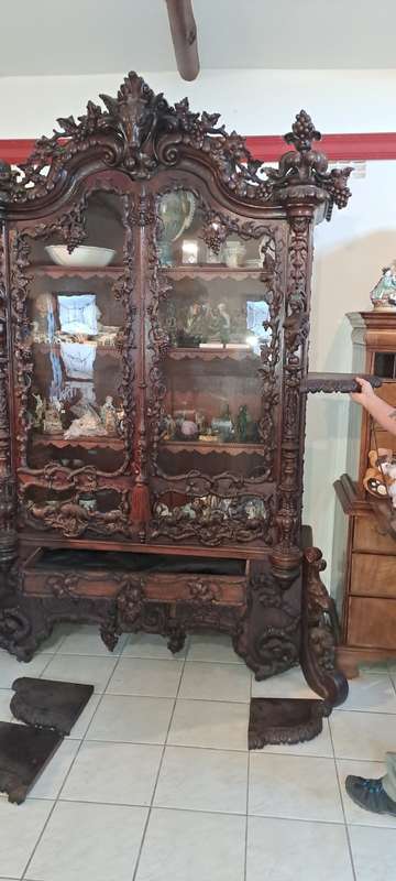 Grand Antique German Oak Carved Display Cupboard