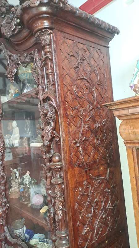 Grand Antique German Oak Carved Display Cupboard