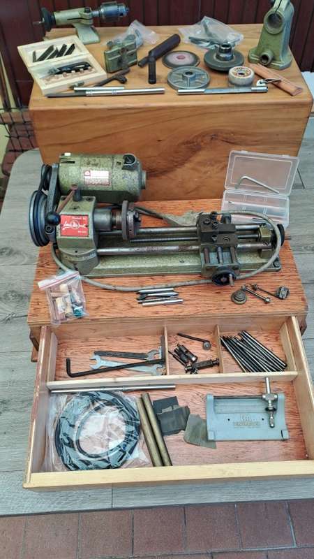 Emco Unimat SL  lathe with extras in yellow wood box