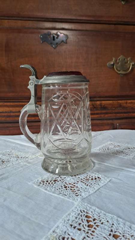 Victorian cut Crystal stein with rear pewter and glass lid