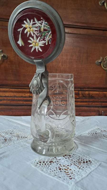 Victorian cut Crystal stein with rear pewter and glass lid
