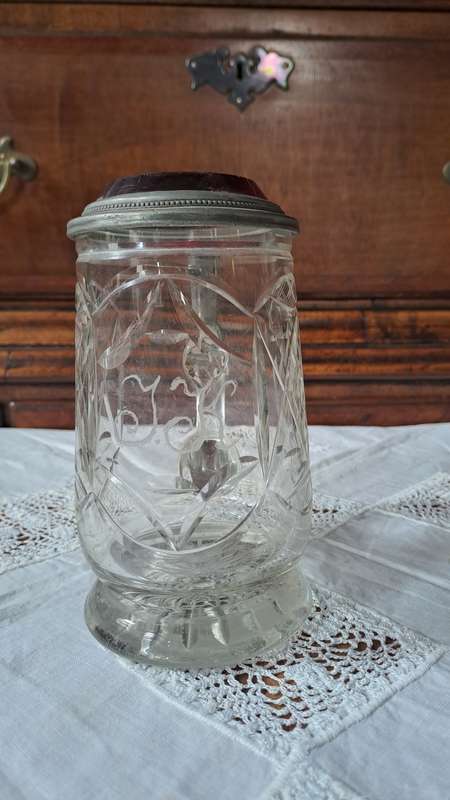 Victorian cut Crystal stein with rear pewter and glass lid