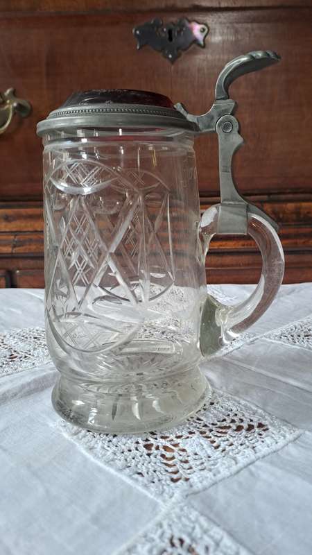Victorian cut Crystal stein with rear pewter and glass lid
