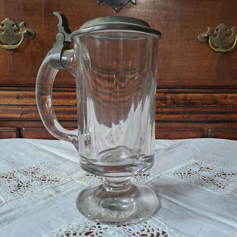Victorian thick chrystal glass stein/tankard with pewter lid