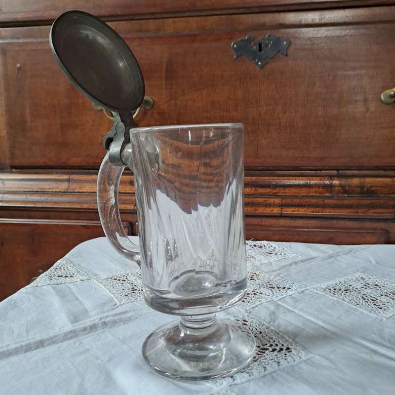 Victorian thick chrystal glass stein/tankard with pewter lid