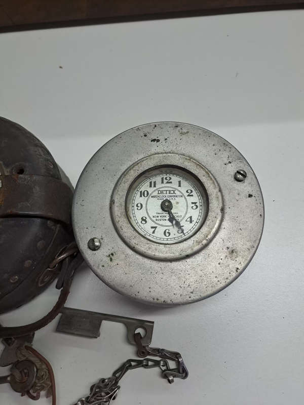 Detex Newman night watchmans clock with leather case and keys, ticking