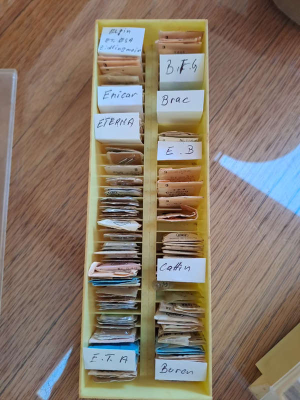 box of sorted and originally packed new vintage watch winding stems neatly sorted