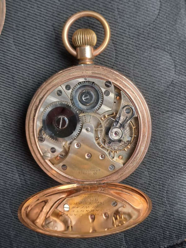 Swiss 14k chrono-adjustment swan neck pocket watch