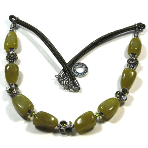 Atenea handmade Olivine peridot, crystal & olive leather necklace with crystals