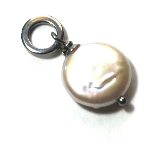 Atenea Add a Dangle handmade natural white coin freshwater pearl pendant on stainless steel ring