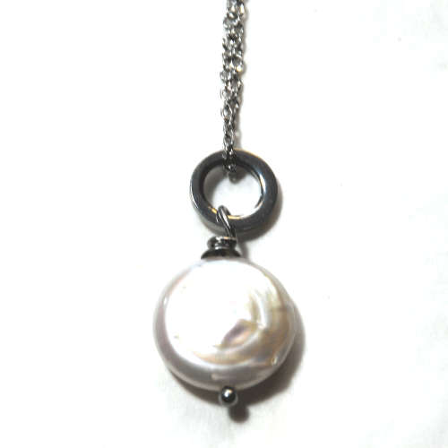 Atenea Add a Dangle handmade natural white coin freshwater pearl pendant on stainless steel ring