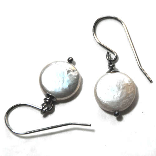 Atenea handmade natural white coin freshwater pearl earrings on stainless steel ear wire