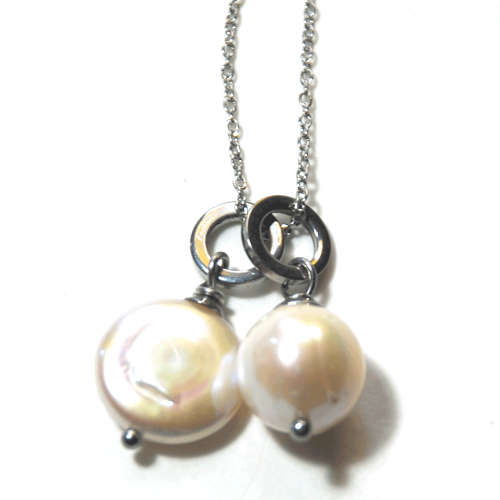 Atenea Add a Dangle handmade natural white coin freshwater pearl pendant on stainless steel ring