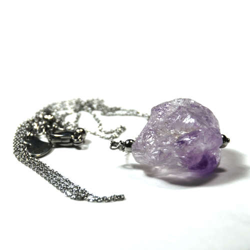 Atenea handmade raw light Amethyst nugget pendant necklace on stainless steel chain & clasp