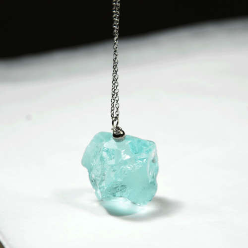 Atenea handmade Raw Aquamarine nugget pendant necklaceon stainless steel chain & clasp