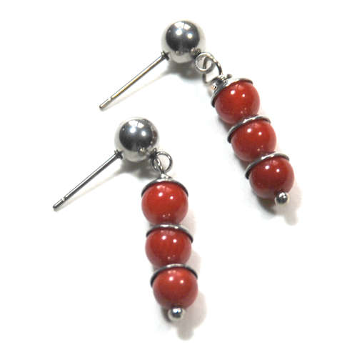 Atenea handmade Natural Red Coral stack on stainless steel studs