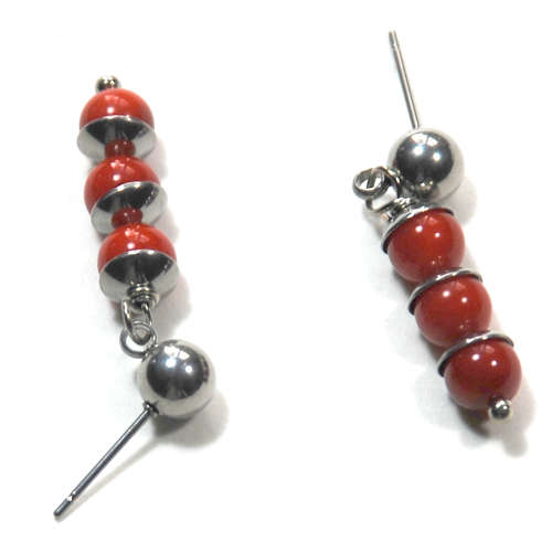 Atenea handmade Natural Red Coral stack on stainless steel studs