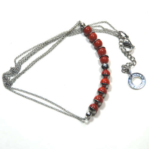 Atenea handmade Natural Red Coral necklace with stainless steel beadcaps, chain & clasp