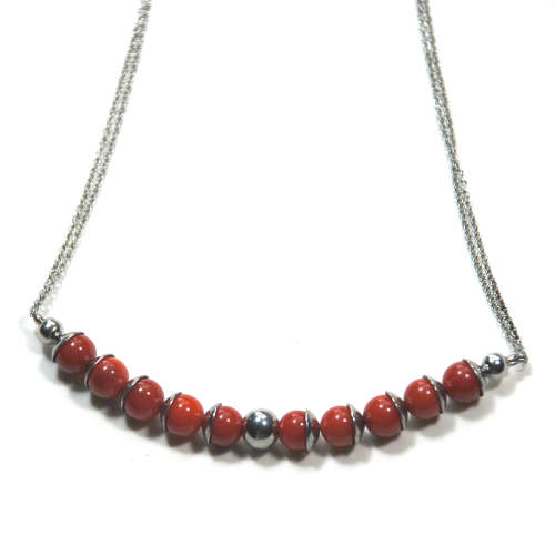 Atenea handmade Natural Red Coral necklace with stainless steel beadcaps, chain & clasp