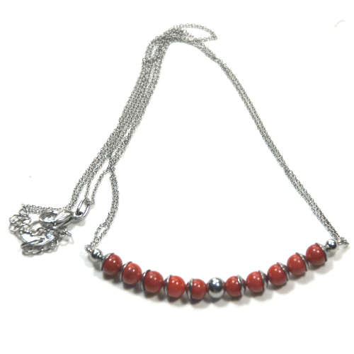 Atenea handmade Natural Red Coral necklace with stainless steel beadcaps, chain & clasp