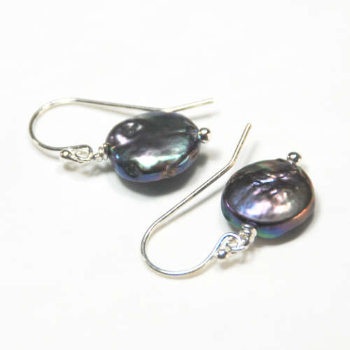 Atenea handmade 10mm Peacock freshwater coin pearl earrings on sterling silver