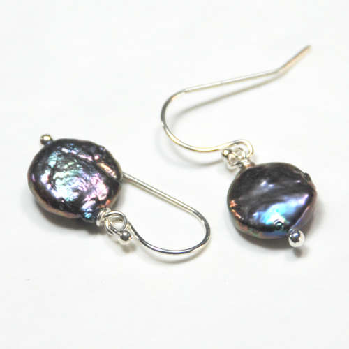 Atenea handmade 10mm Peacock freshwater coin pearl earrings on sterling silver