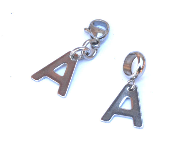 Letter A stainless steel initial alphabet dangle charm pendant - on clasp or large hole slider