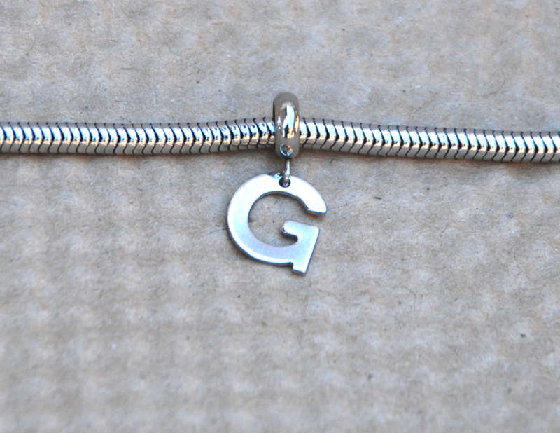 Letter G stainless steel initial alphabet dangle charm pendant - on clasp or large hole slider
