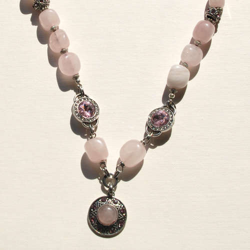 Atenea handmade Rose Quartz necklace with Vintage Rose crystals