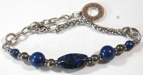 Atenea handmade Natural Lapis Lazuli bracelet with Pyrite & stainless steel wheat chain