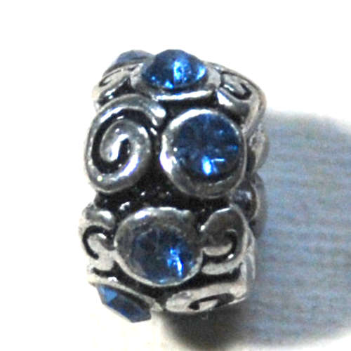 Alloy European Beads, with light blue rhinestone, Rondelle, without troll