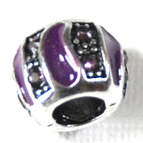 Alloy European Beads, large hole, with purple enamel & rhinestone, Rondelle, 10x8mm, hole 5mm