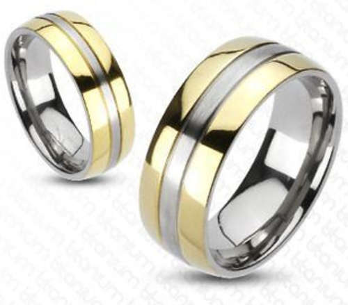 !**SATIN SMOOTH TITANIUM GOLDEN EDGES BRUSH STRIPE 2TONE WEDDING BAND SIZE 8