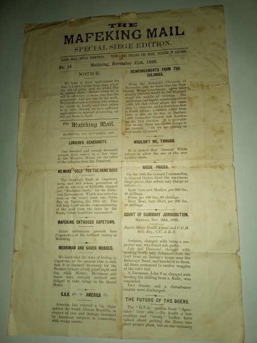 BOER WAR `MAFEKING MAIL` PRINTED NOVEMBER 21sT 1899. No 15