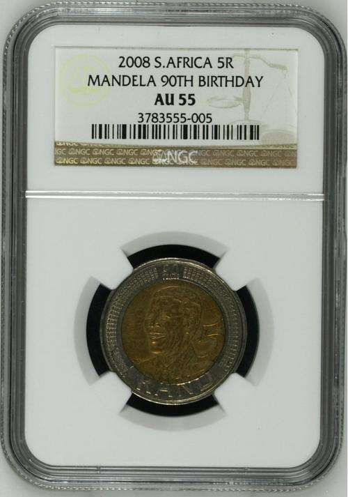 *** 2008 - R5 - MANDELA 90TH BIRTHDAY - NGC GRADED AU55 ***