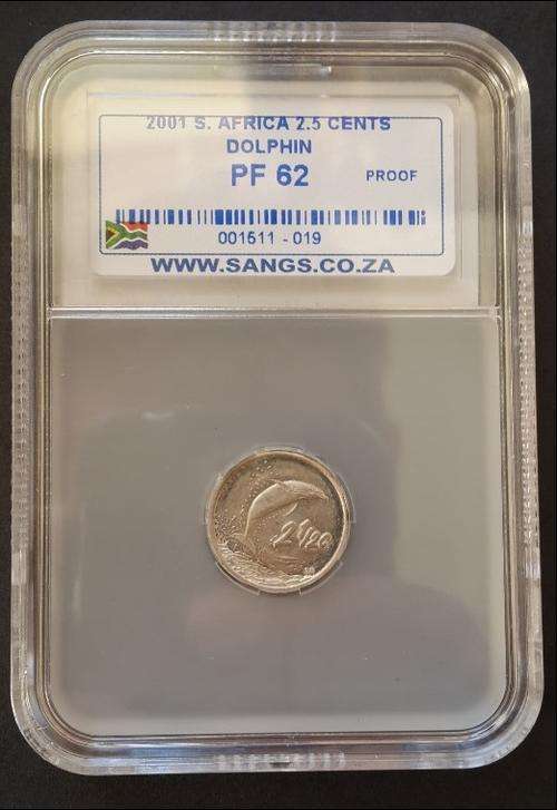 *** 2001 - SA SILVER PROOF 2 1/2 CENT (TICKEY) - DOLPHIN - SANGS GRADED PF62 ***