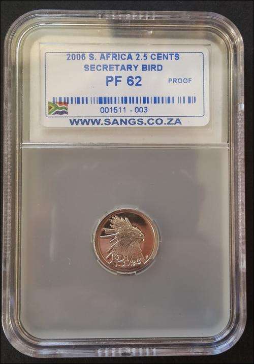 *** 2006 - SA SILVER PROOF 2 1/2 CENT (TICKEY) - SECRETARY BIRD - SANGS GRADED PF62 ***