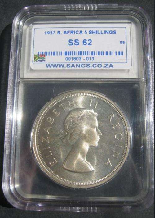 *** 1957 - UNION OF SA 5 SHILLING - PROOF LIKE - SANGS GRADED SS62 ***