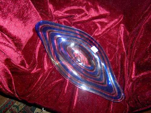 Glass dish with blue lines in the glass ( SIGNATURE ENGRAVED IN GLASS )