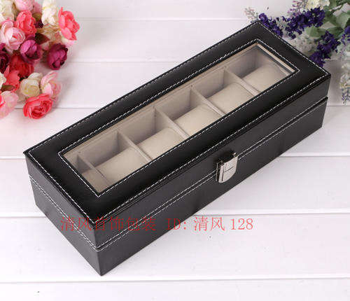 6 Slot Watch Display Box - Black Leather