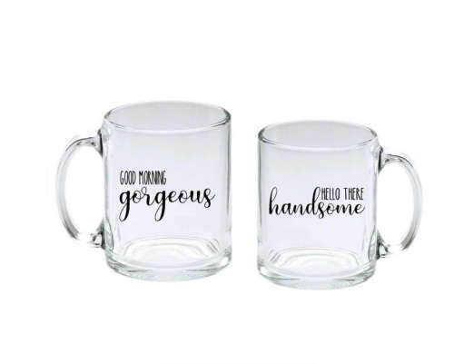 Latte Mugs - Couples Latte Glass Mug Set - Latte Mugs - Good Morning Gorgeous Hello Handsome Design