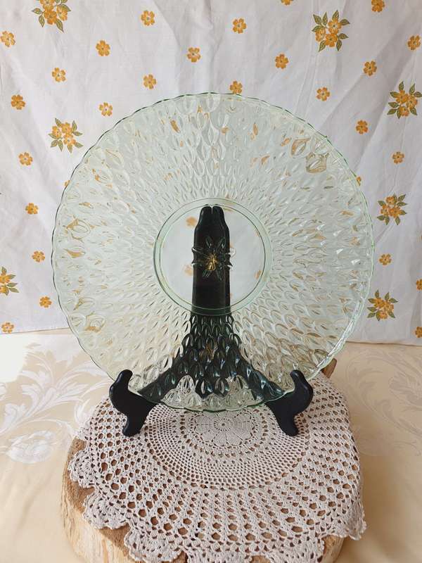 Vintage Green Clear Glass Bubbled Platter Dish