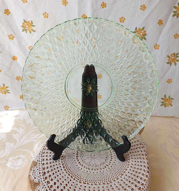 Vintage Green Clear Glass Bubbled Platter Dish