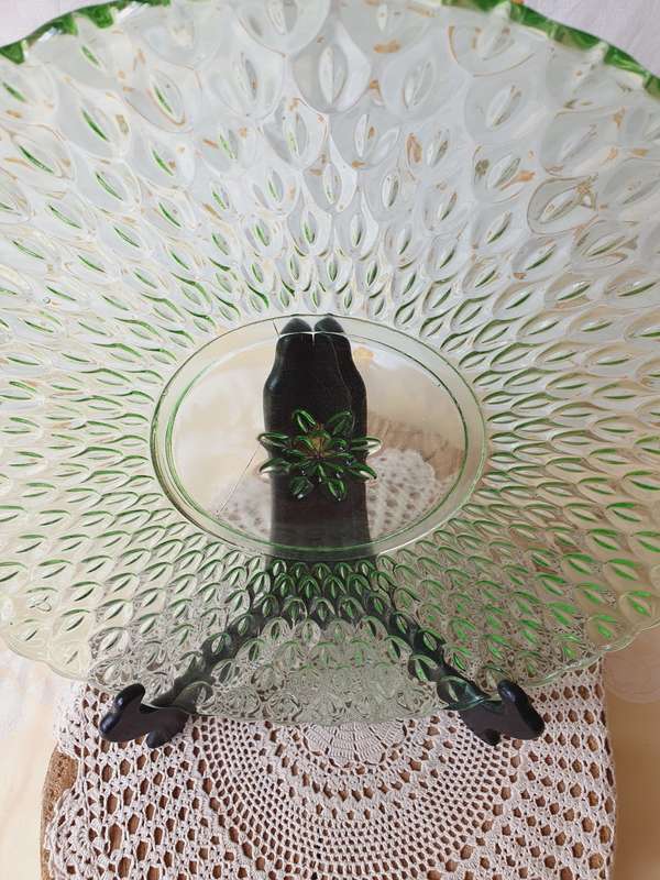 Vintage Green Clear Glass Bubbled Platter Dish