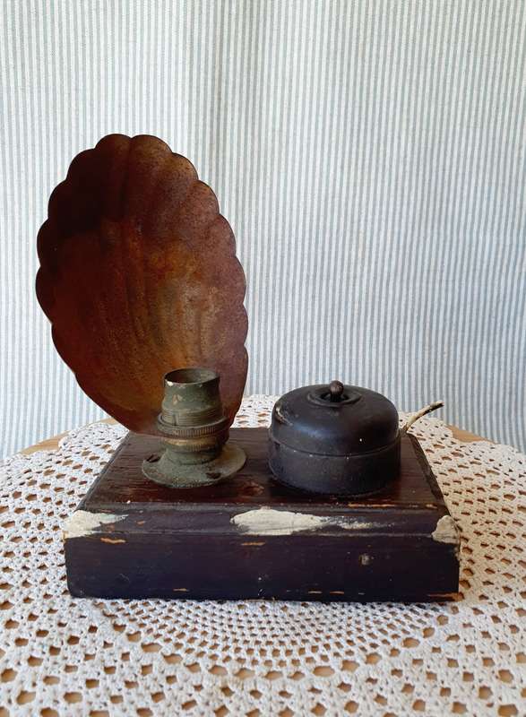 Vintage Desk Lamp with Metal Shell Shade & Button on Wooden Board