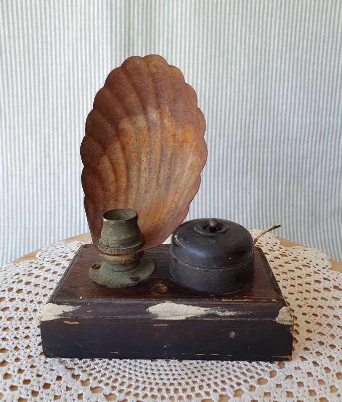 Vintage Desk Lamp with Metal Shell Shade & Button on Wooden Board