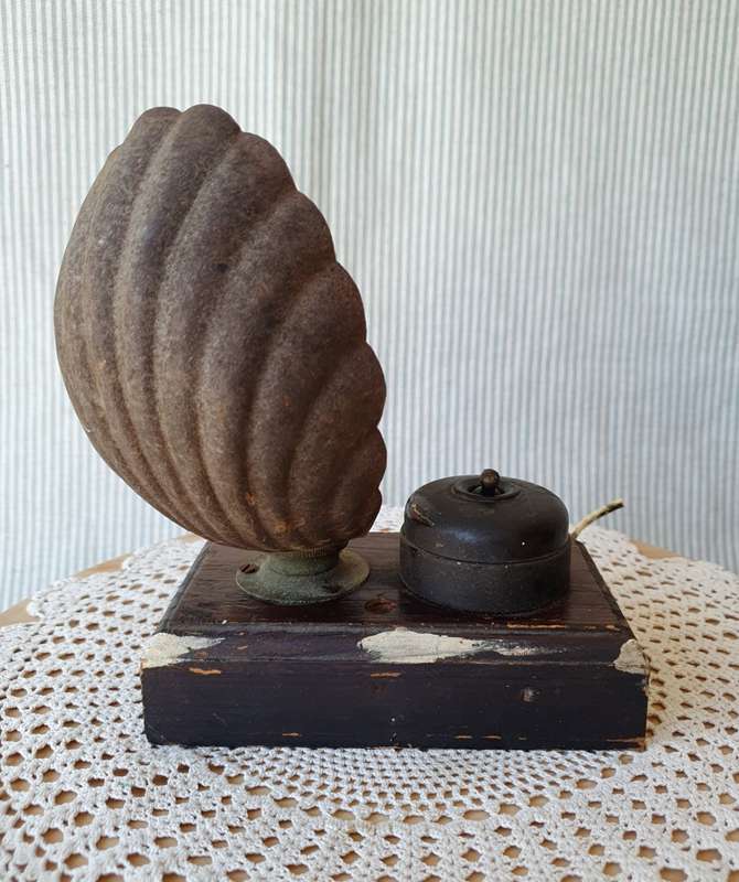 Vintage Desk Lamp with Metal Shell Shade & Button on Wooden Board