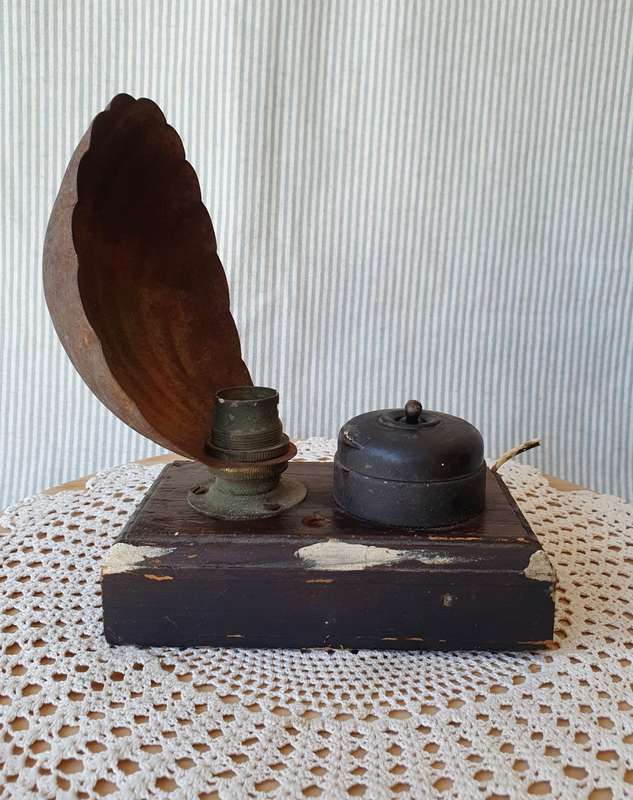 Vintage Desk Lamp with Metal Shell Shade & Button on Wooden Board
