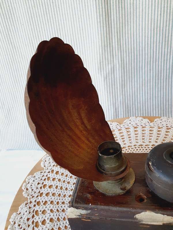 Vintage Desk Lamp with Metal Shell Shade & Button on Wooden Board