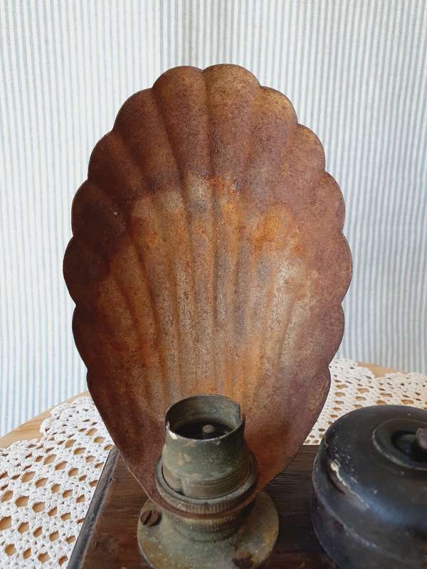 Vintage Desk Lamp with Metal Shell Shade & Button on Wooden Board